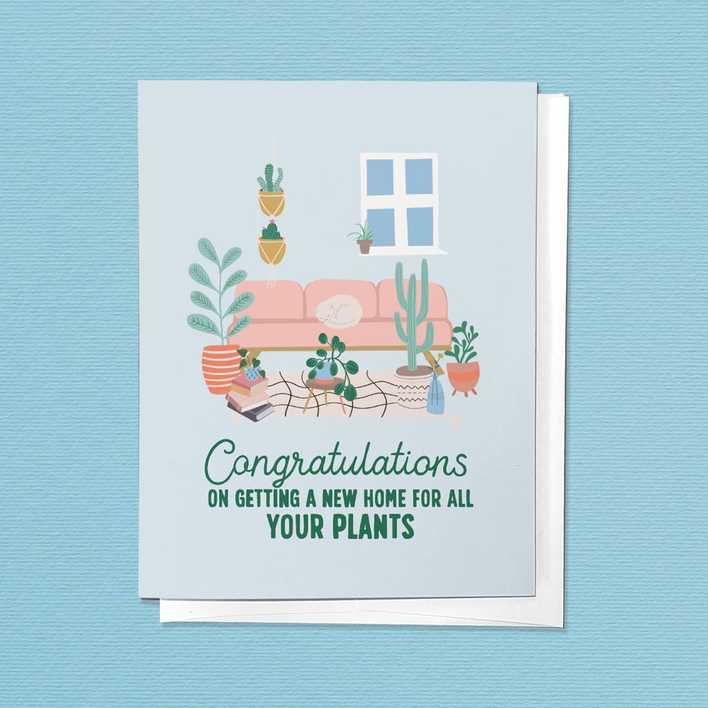 Image of greeting card with the phrase "Congratulations on getting a new home for all your plants"