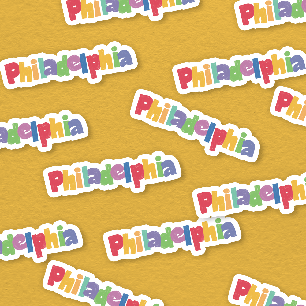 Repeating 'Philadelphia' text in various colors on a yellow background