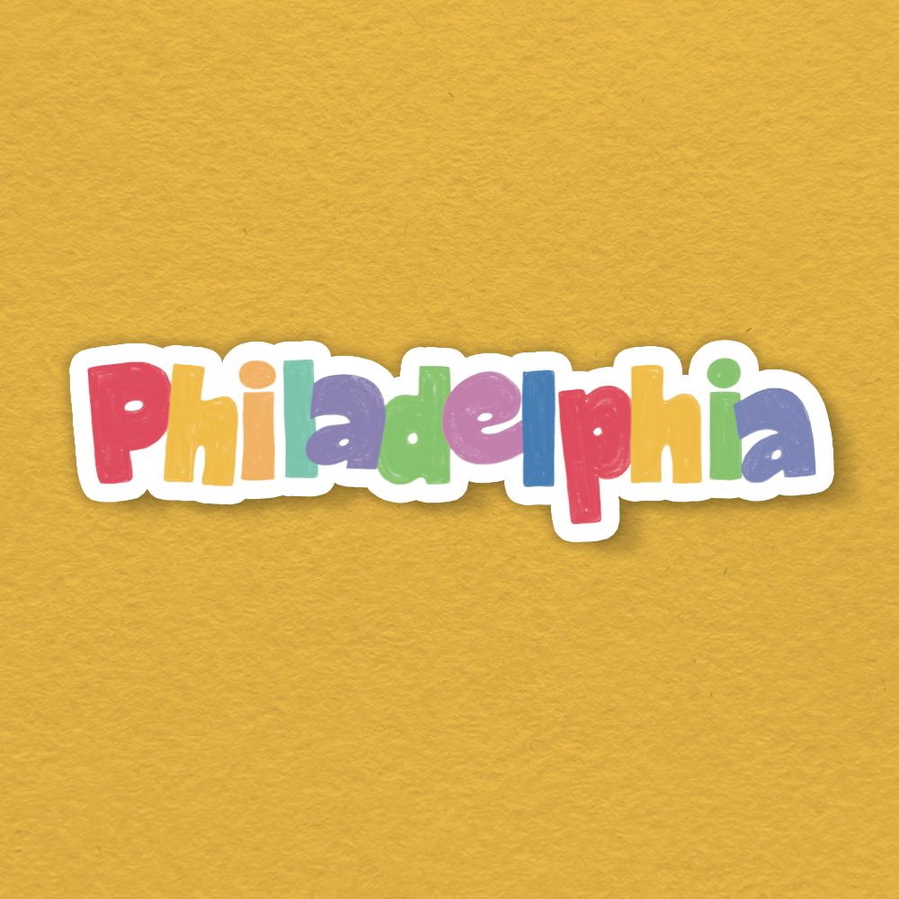 Colorful 'Philadelphia' text on a yellow background