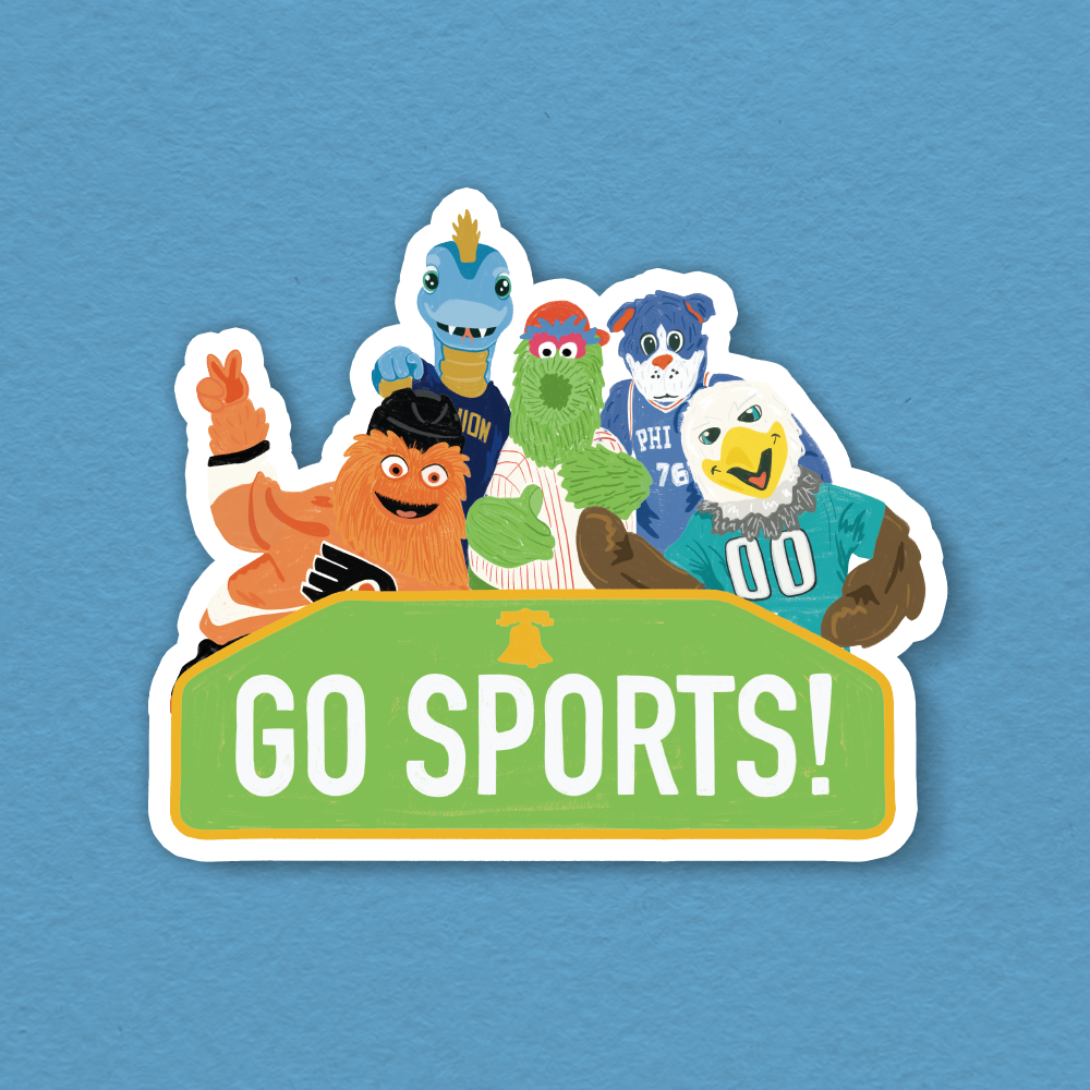 Sticker with sports-themed characters and 'GO SPORTS!' text on a blue background