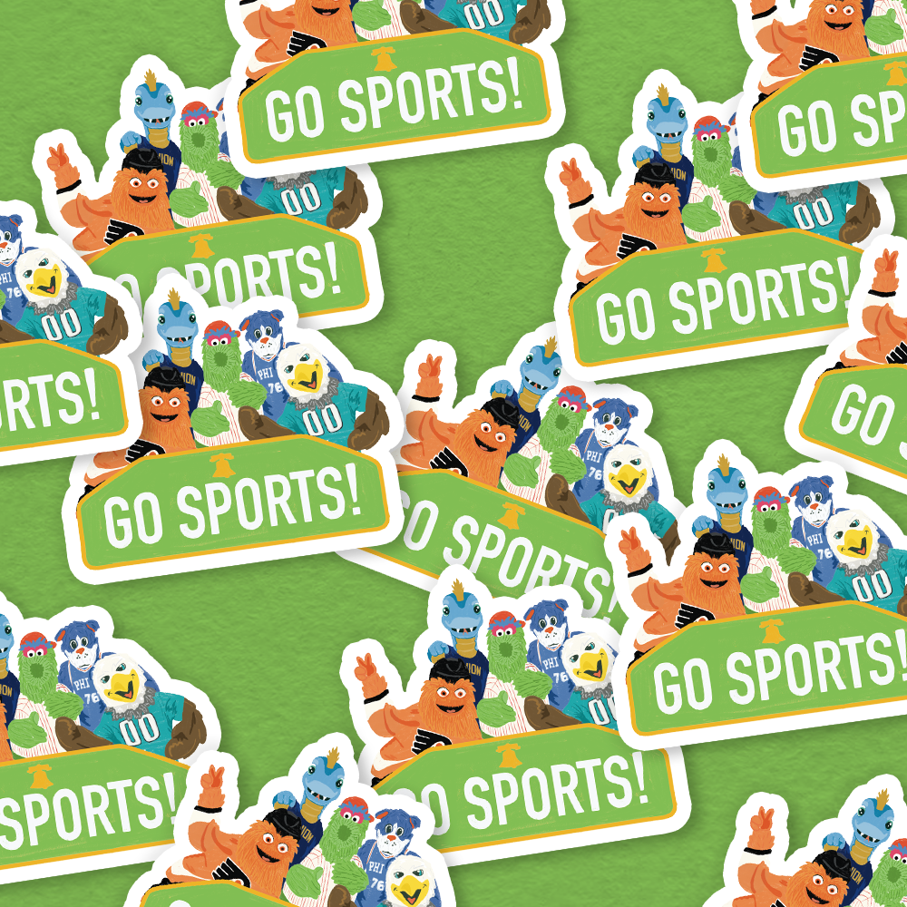 Stickers with sports-themed characters and 'GO SPORTS!' text on a green background